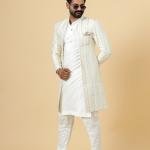 Alluring Pastel Thread Embroidered Off-White Open Sherwani with Kurta Pajama Set | Father Son Combo | Jaipurio Collection